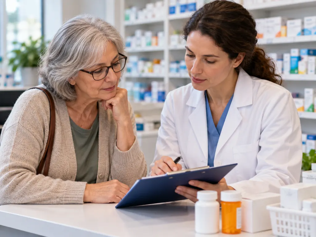 A pharmacist and patient review a medicine list during a calm consultation.
