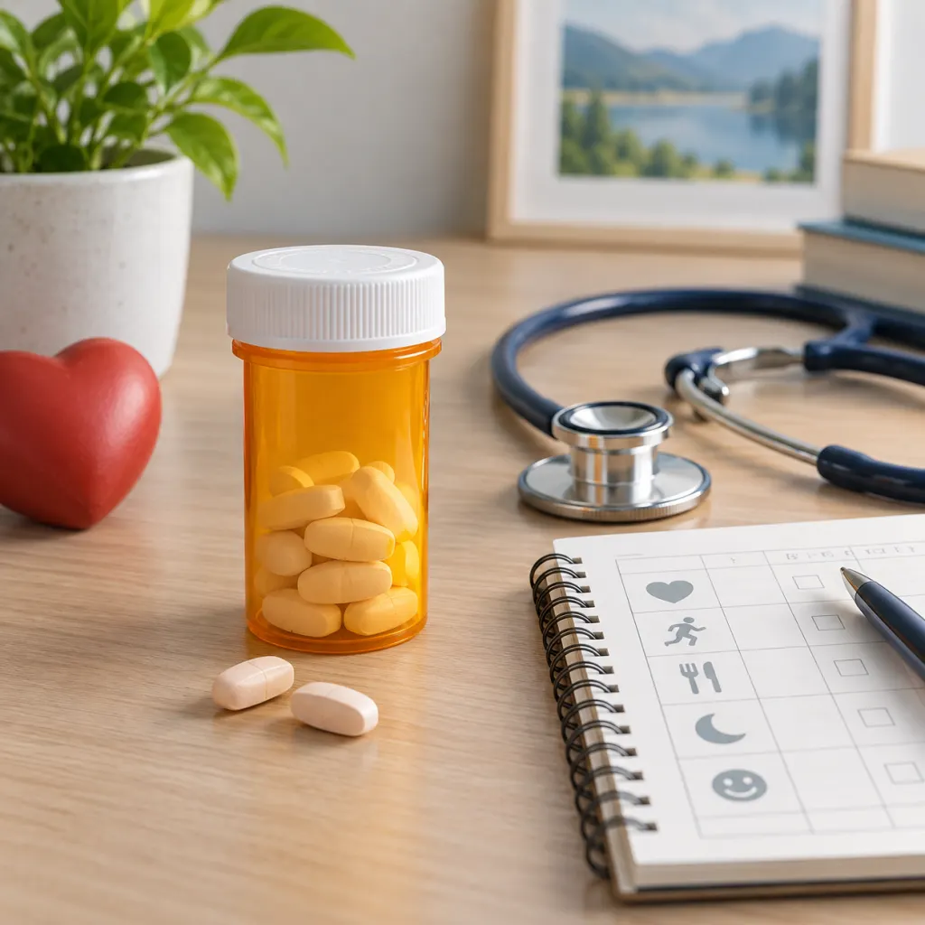 A pill bottle, notebook, and stethoscope arranged on a clean desk.