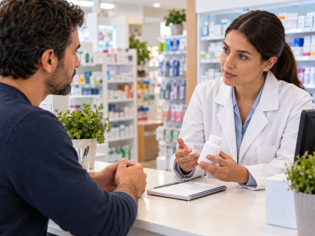A patient and pharmacist discussing a medicine with a blank notebook nearby
