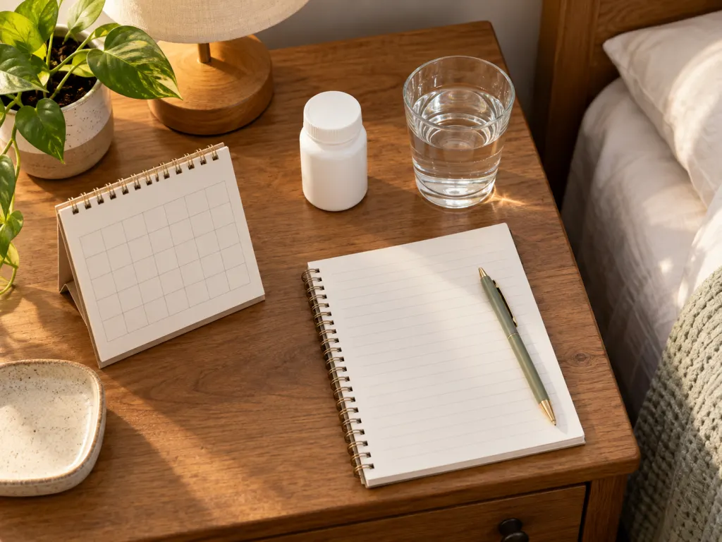 Blank symptom diary beside an unlabeled medicine bottle and water glass