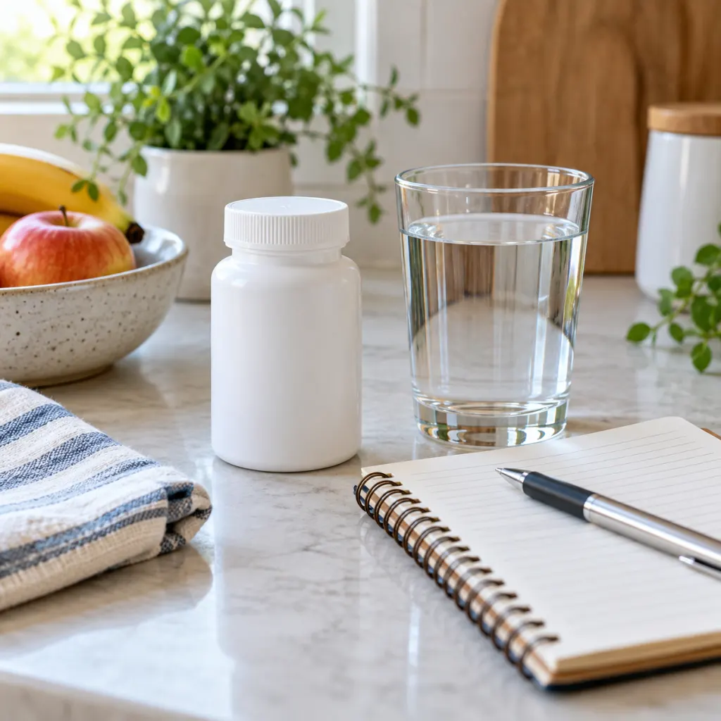Unlabeled medicine bottle, water glass, and symptom notebook on a clean counter