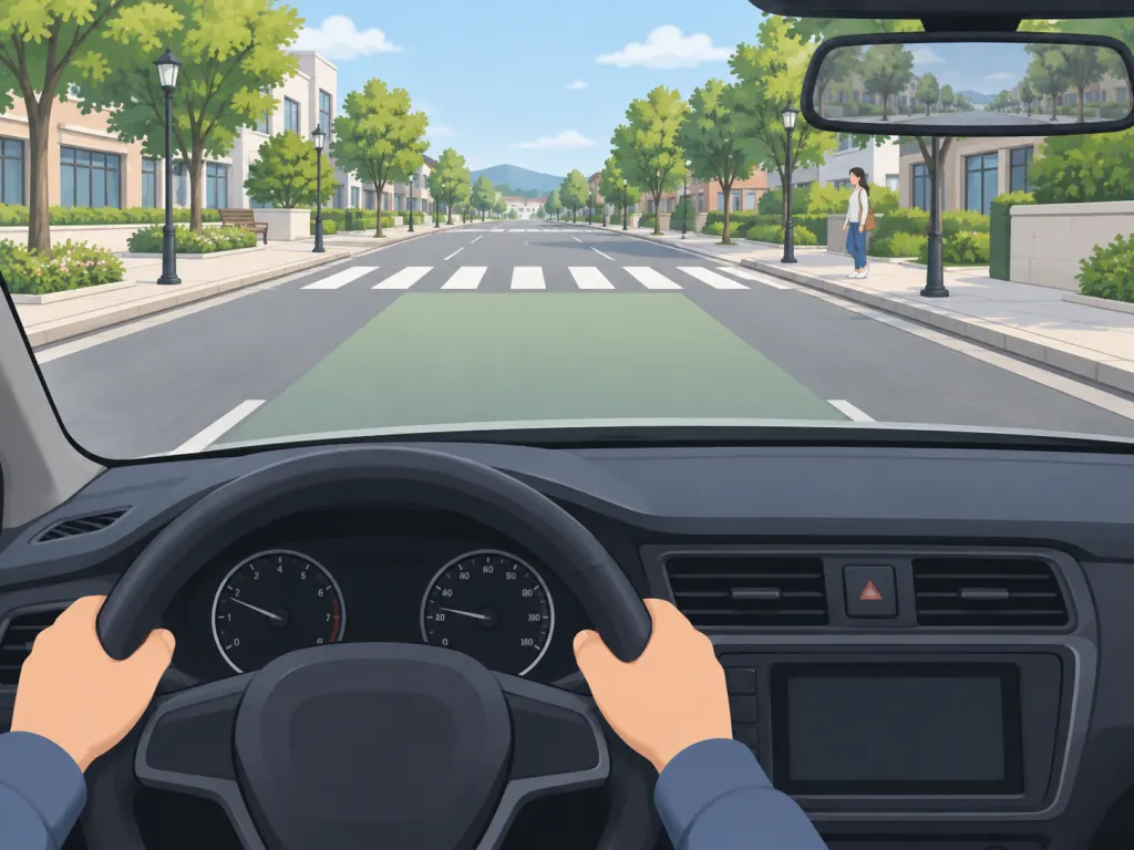 Illustration of a driver's view toward a pedestrian crossing ahead.