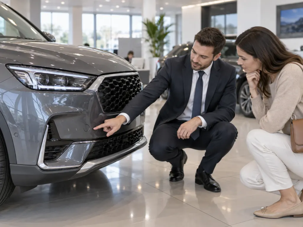 Buyer and salesperson inspecting the front sensor area of a new car.