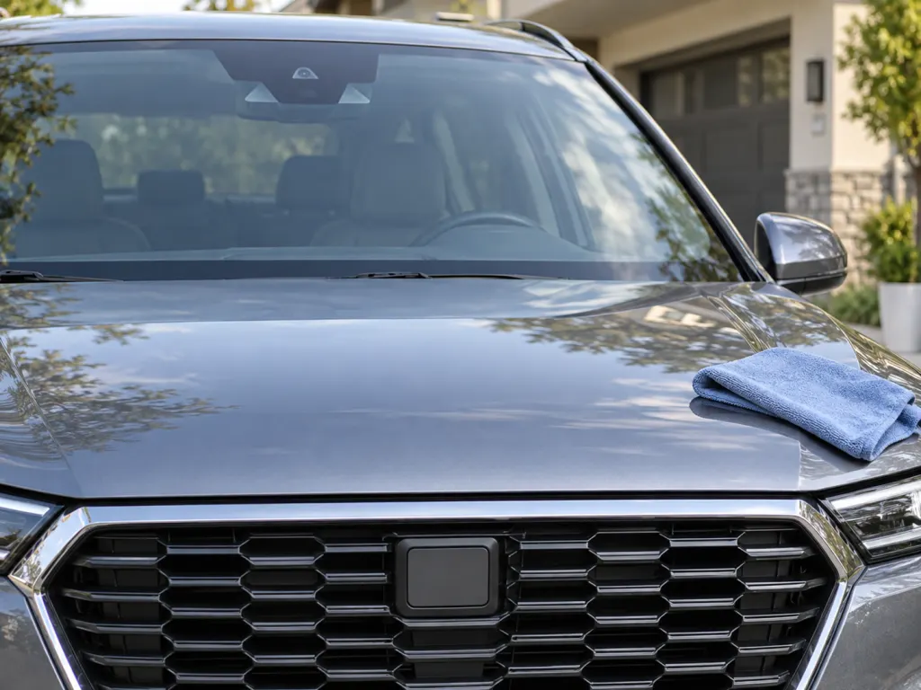 Close-up of a parked car's windshield camera and front sensor area.