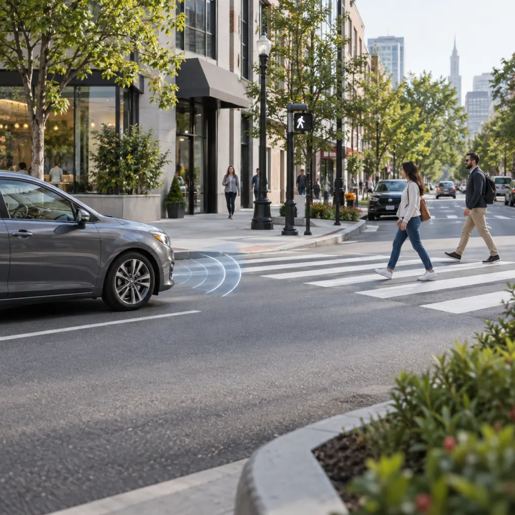 Modern car approaching a crosswalk in daylight with subtle sensor highlights.