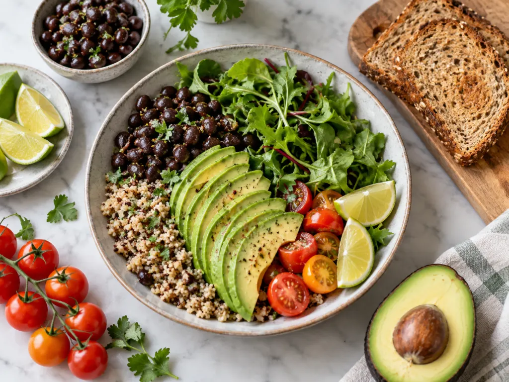 Sliced avocado served with beans, greens, tomatoes, citrus, and toast.