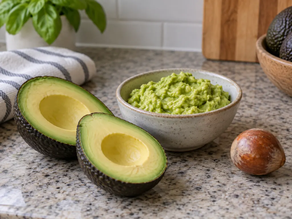 An avocado seed set aside beside mashed avocado flesh in a small bowl.