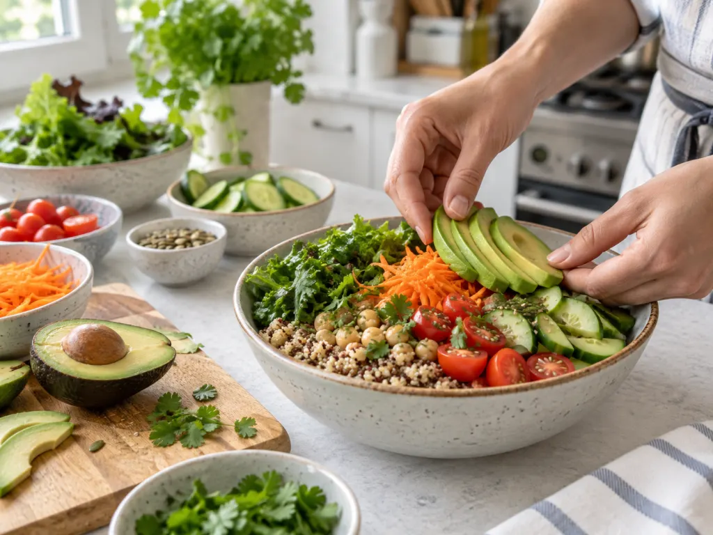 Avocado slices being added to a vegetable grain bowl in a home kitchen.