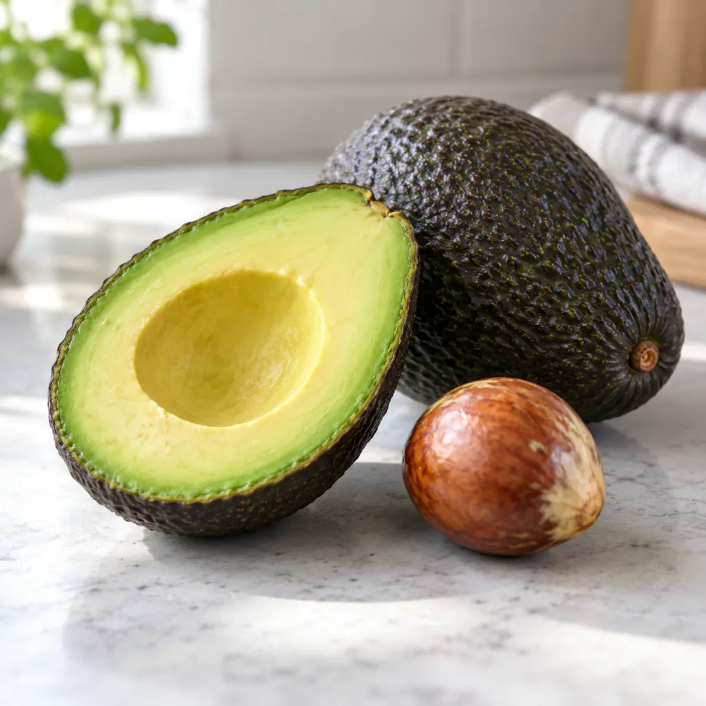 A halved avocado with green flesh and visible seed beside a whole avocado.