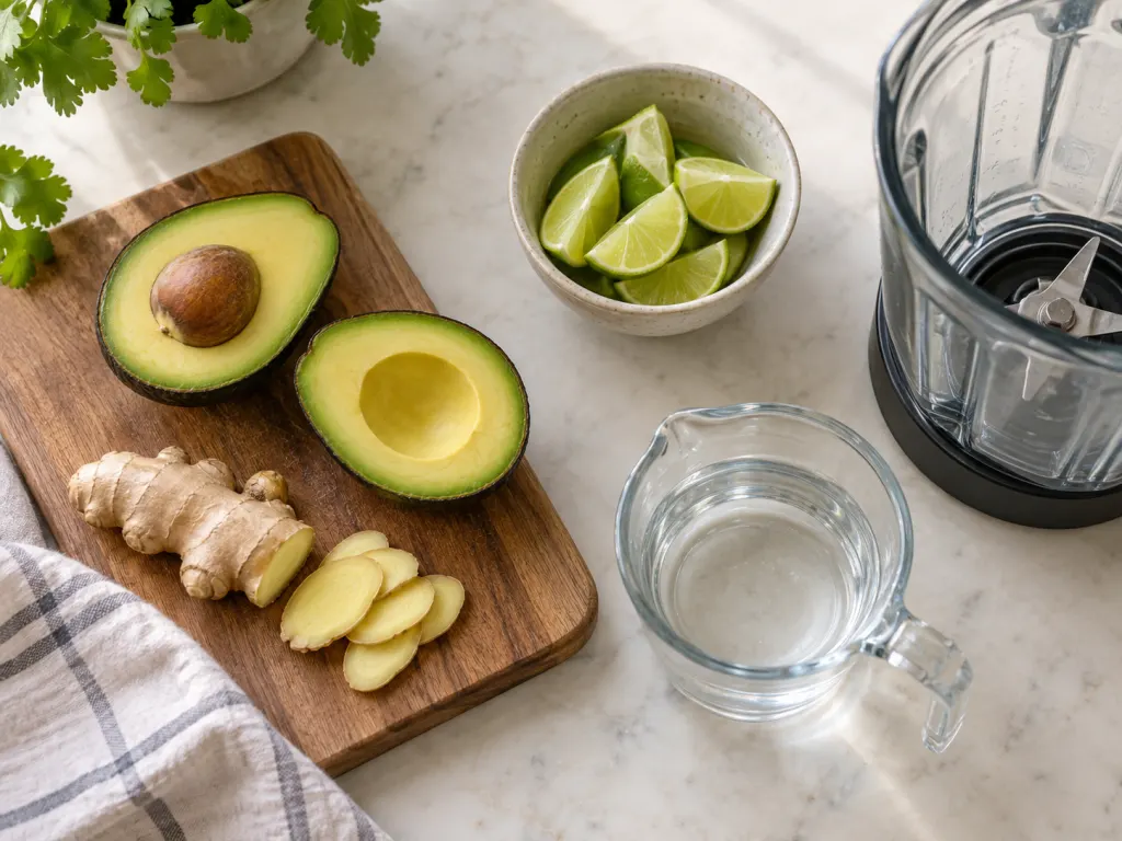 Avocado, ginger, lime, water, and a blender arranged as drink ingredients.
