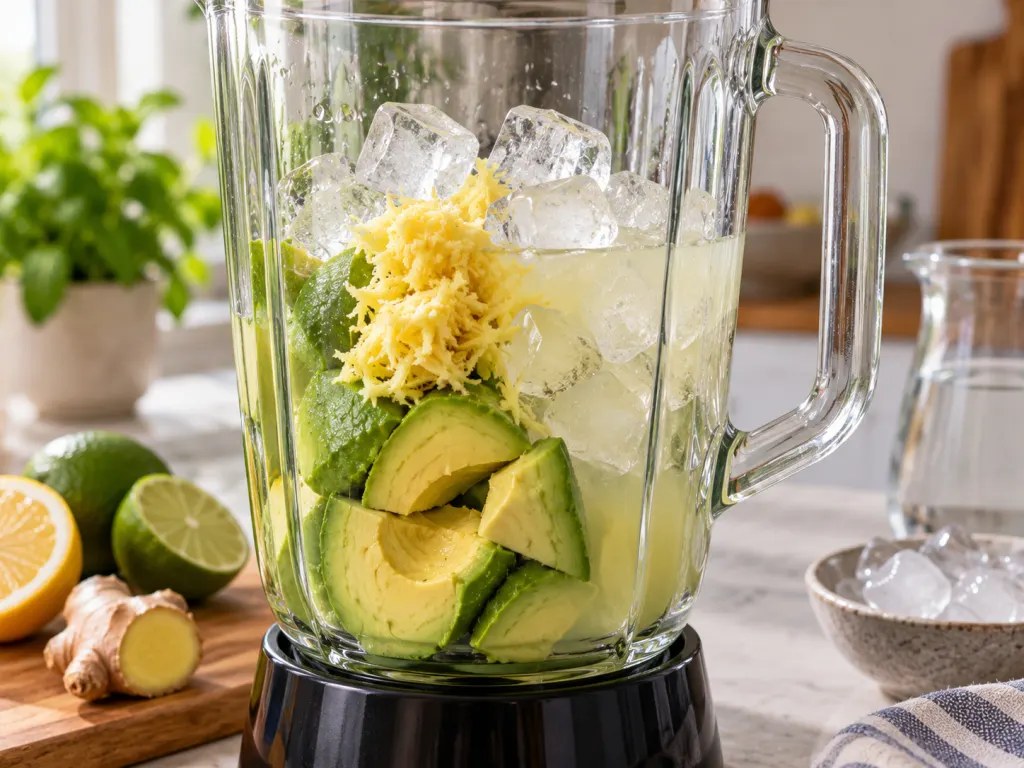 A blender jar filled with avocado, grated ginger, citrus, ice, and water before blending.