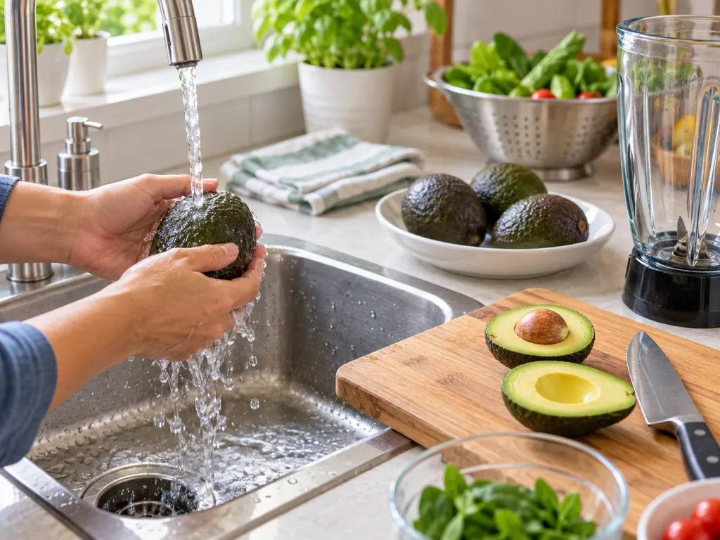 Hands rinsing an avocado under running water before preparing a fresh blended drink.