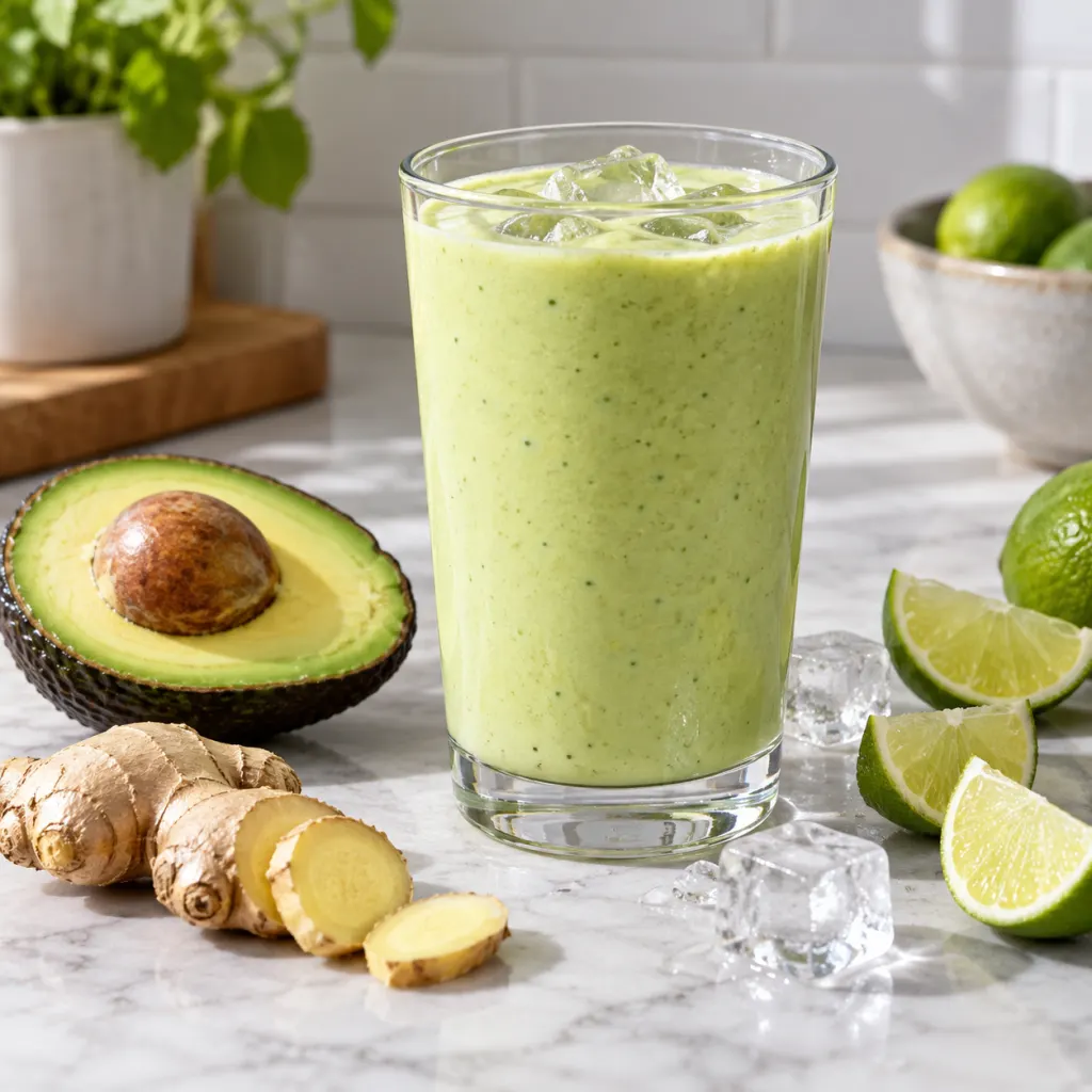 A creamy green avocado and ginger drink with avocado, ginger, lime, and ice nearby.