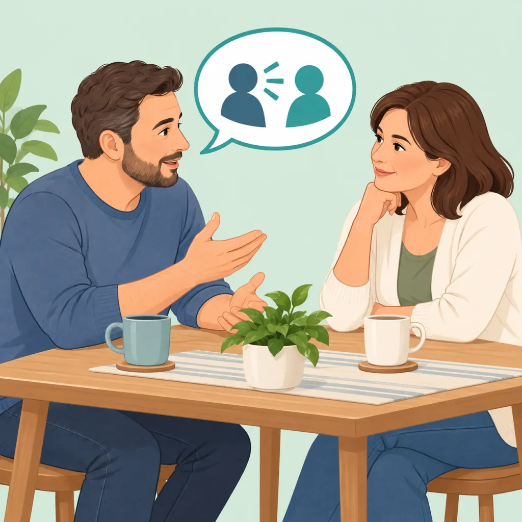 Two partners having a calm, respectful conversation about their relationship.