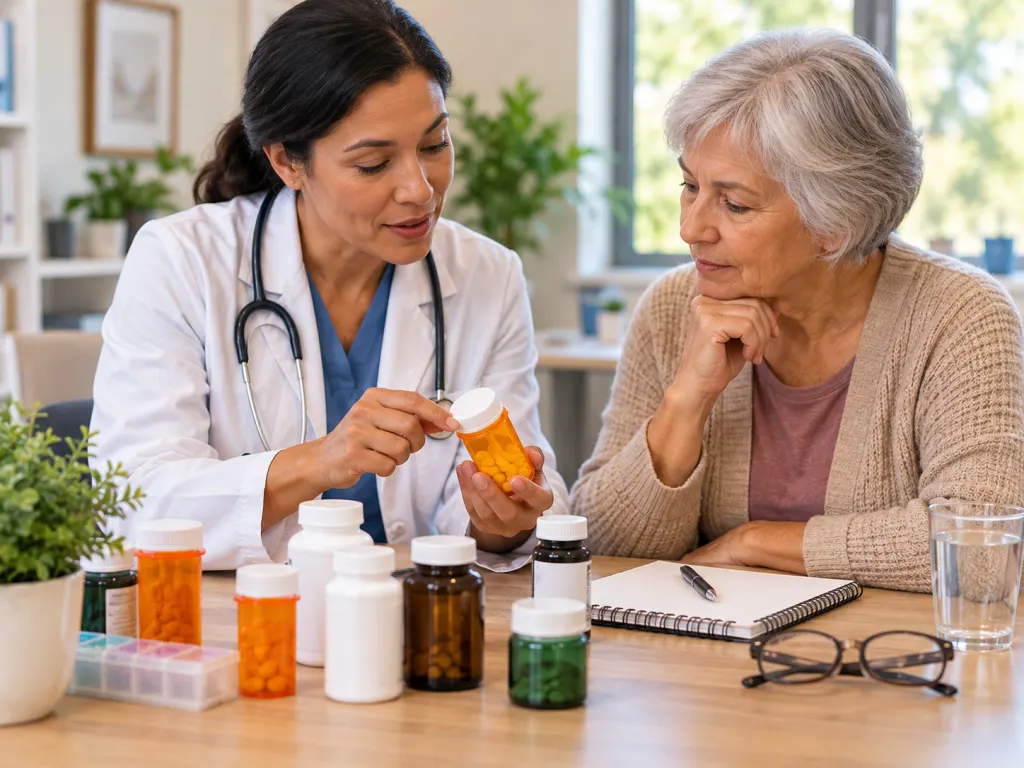Clinician and older adult reviewing medicines and supplements together.