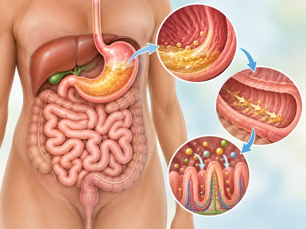Non-graphic illustration of stomach and small intestine absorption pathways.