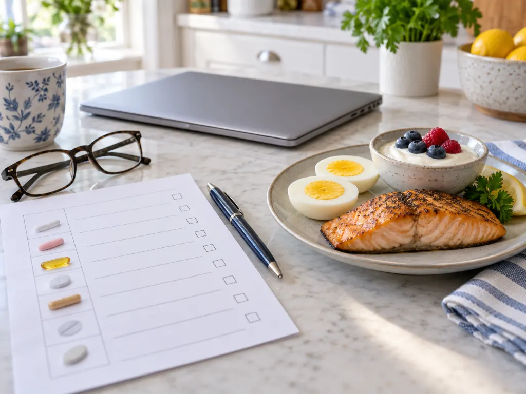 Medication list and B12 food examples arranged on a kitchen table.