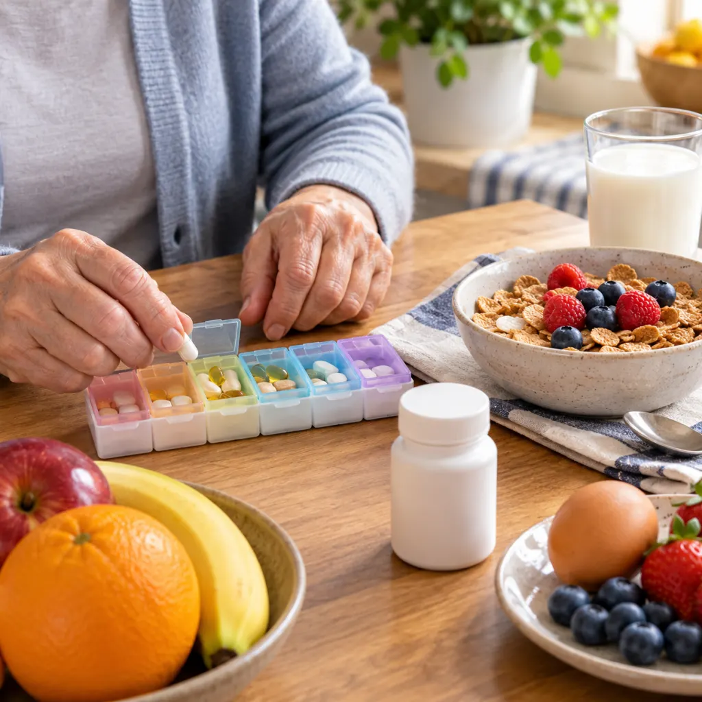 Older adult's hands near a pill organizer and B12-containing foods on a kitchen table.