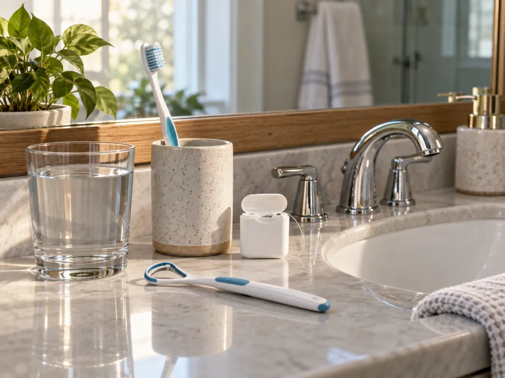 Oral-care tools arranged beside a sink for brushing, flossing, tongue cleaning, and hydration