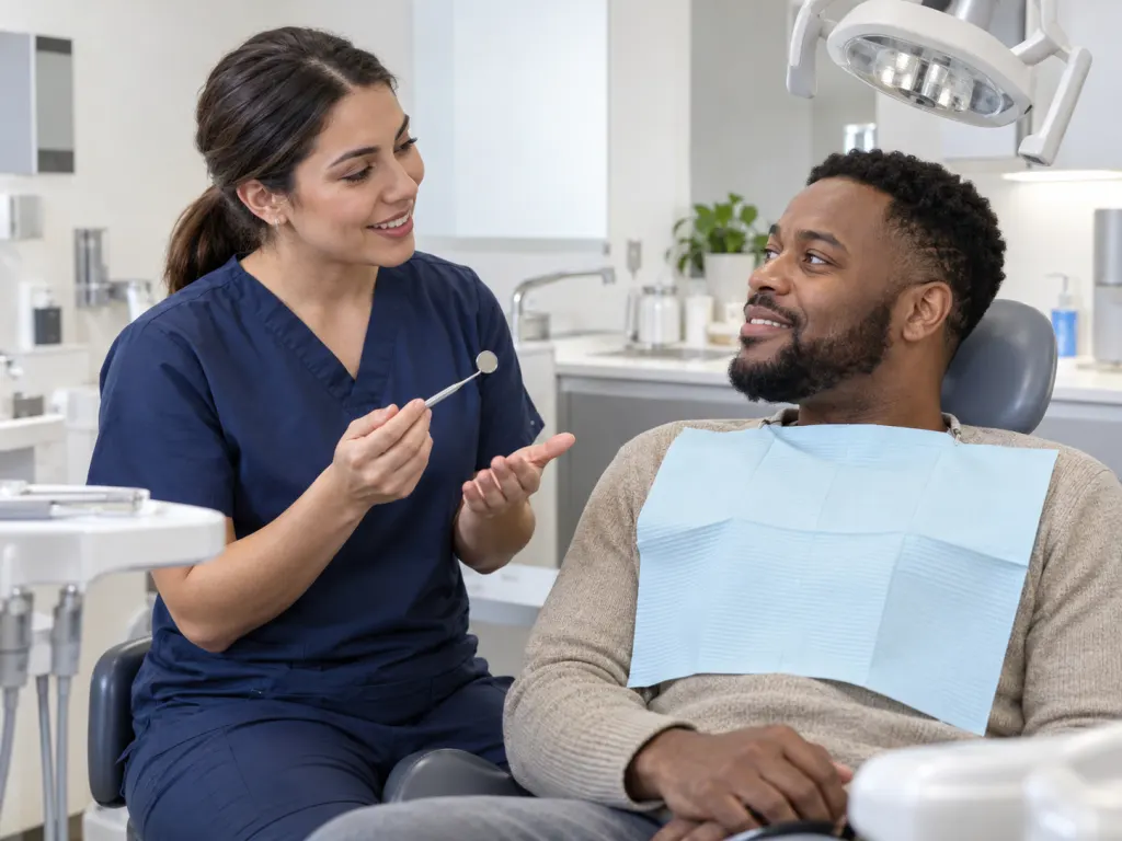 Dental professional discussing oral health with a patient in a calm clinic setting