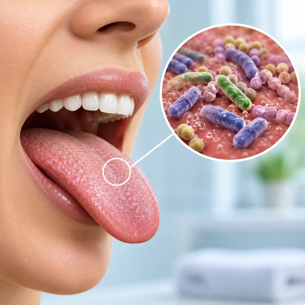 Educational illustration of oral bacteria on the tongue surface related to bad breath