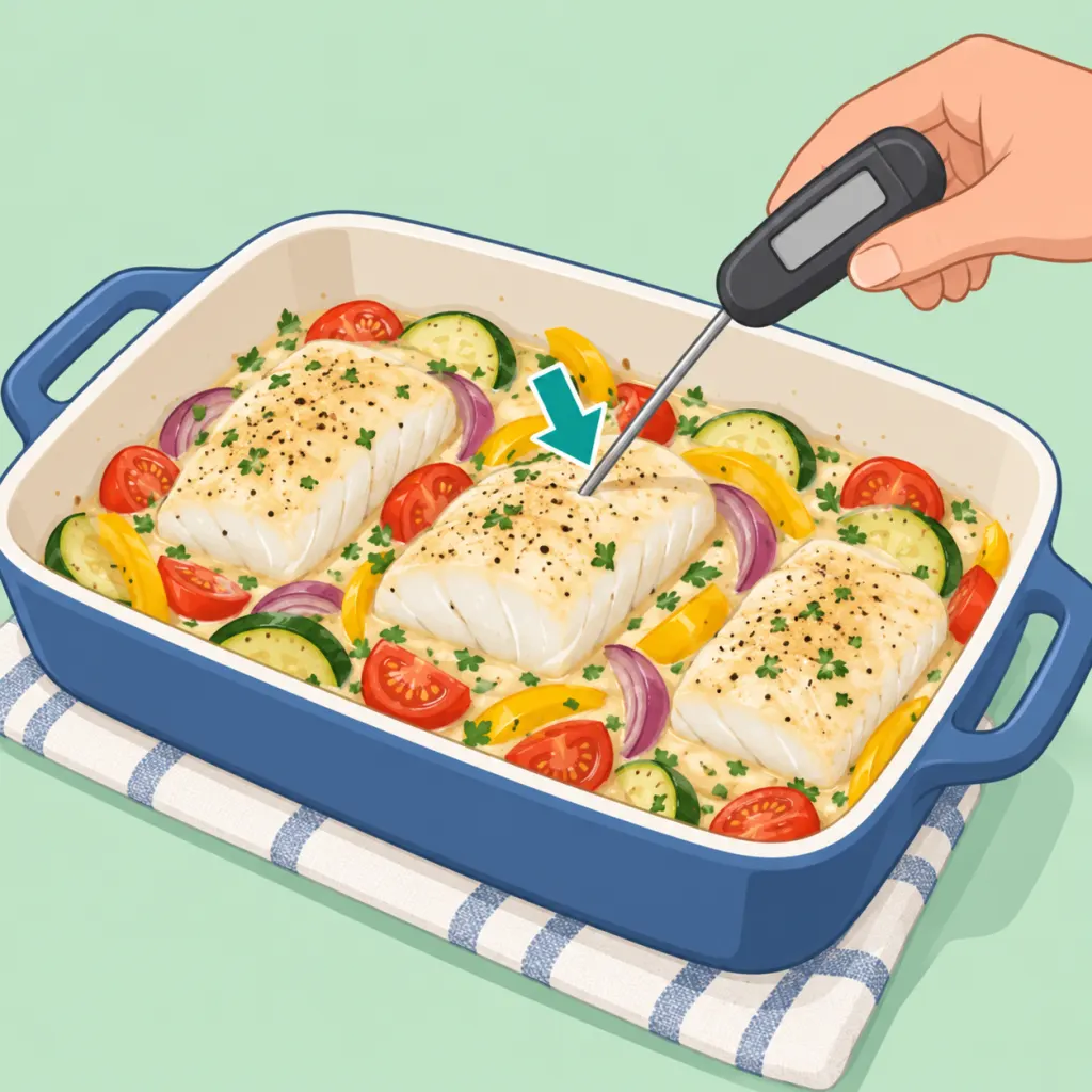 Illustration of creamy baked cod with vegetables being checked with a food thermometer.
