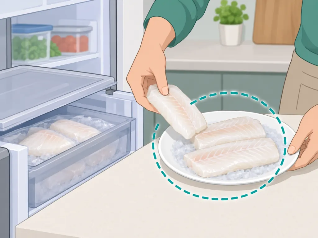 Hands handling chilled cod fillets safely before cooking.