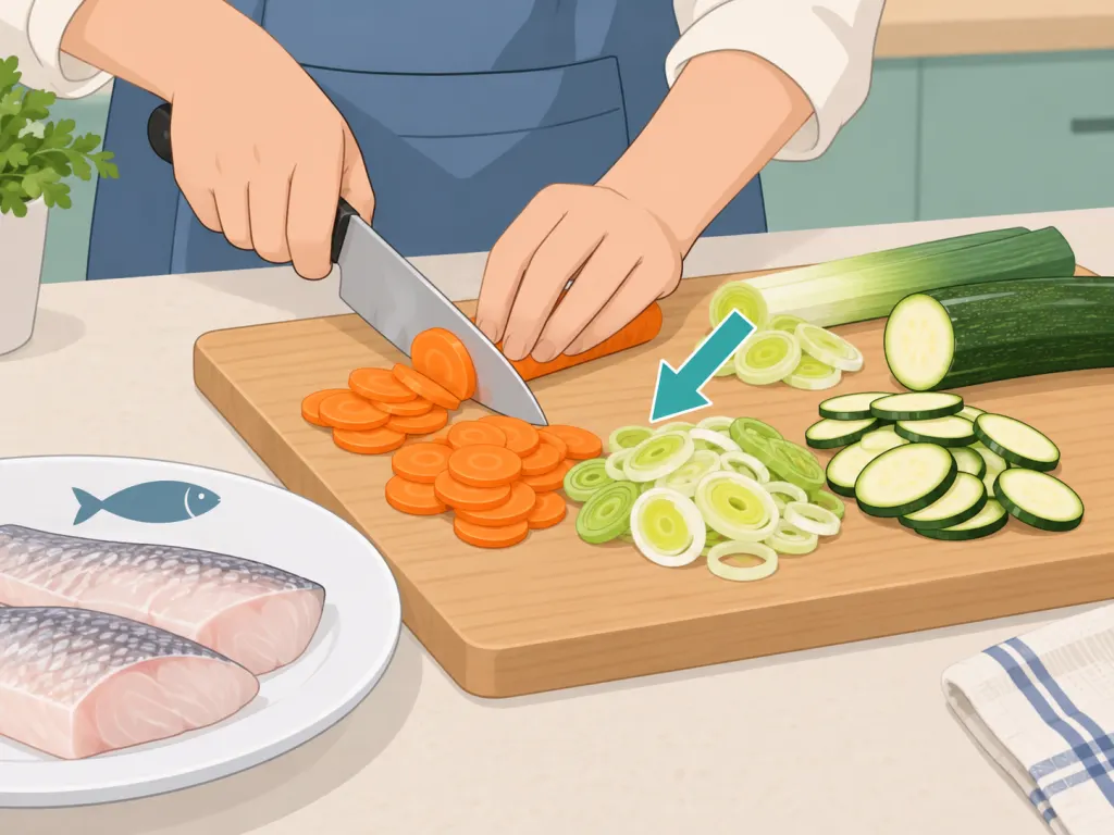A person slicing vegetables thinly on a clean cutting board.
