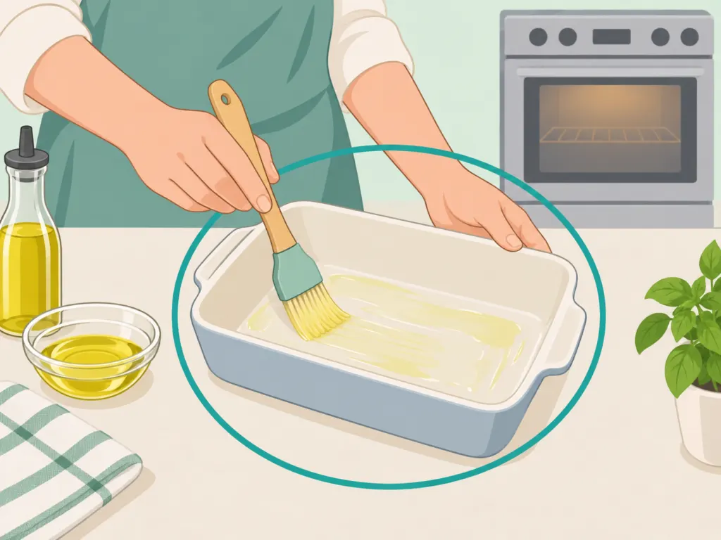 Hands greasing a baking dish before adding cod and vegetables.