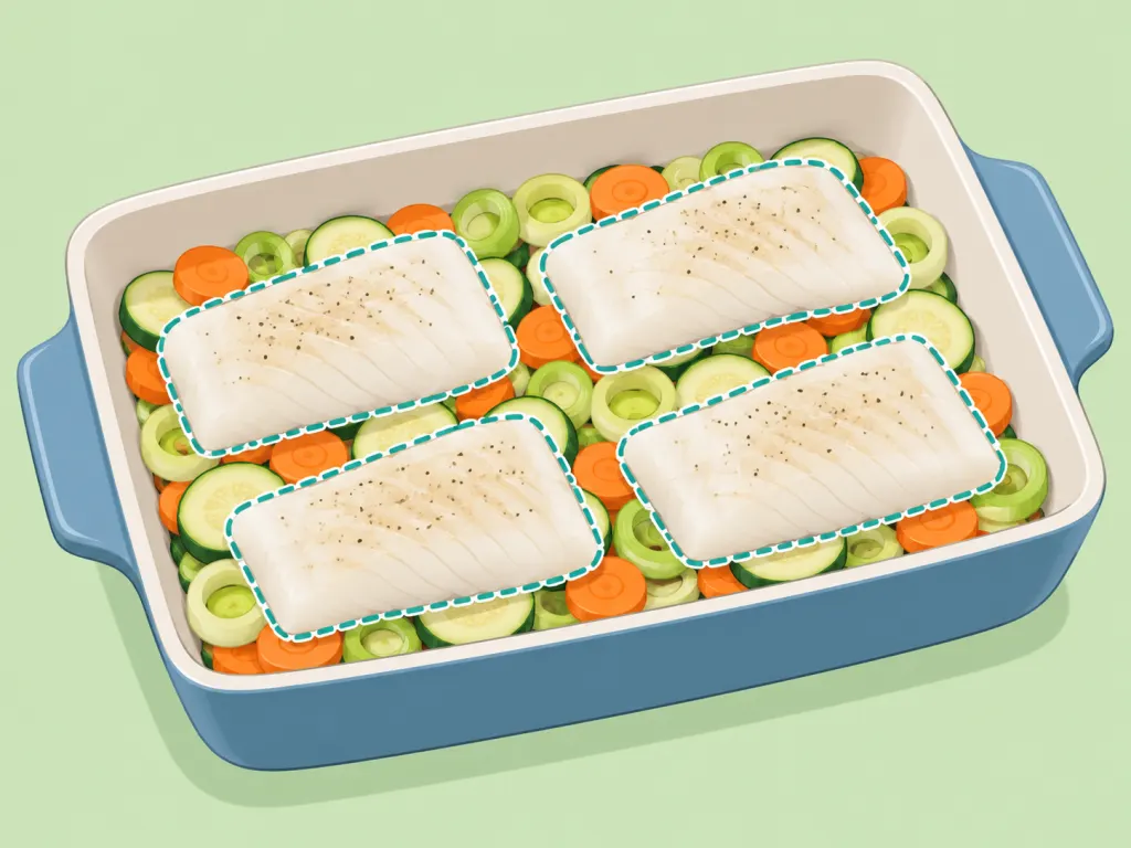Cod fillets layered over sliced vegetables in a baking dish.