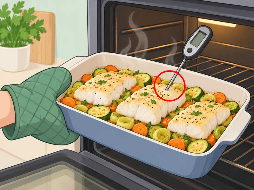 Baked cod being checked for doneness with a food thermometer.