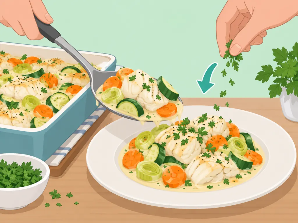 Creamy baked cod and vegetables being served with fresh herbs.