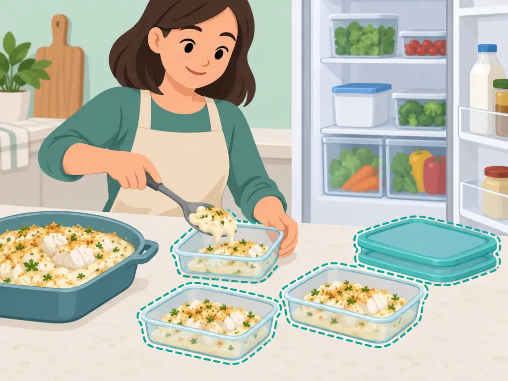 Leftover baked cod being stored in shallow containers for refrigeration.