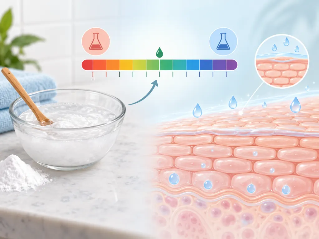 An educational illustration linking baking soda alkalinity with a stylized skin barrier.
