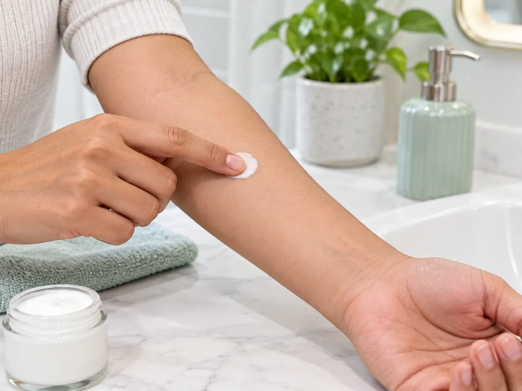 Hands applying a tiny amount of cream to a small test area on the inner forearm.