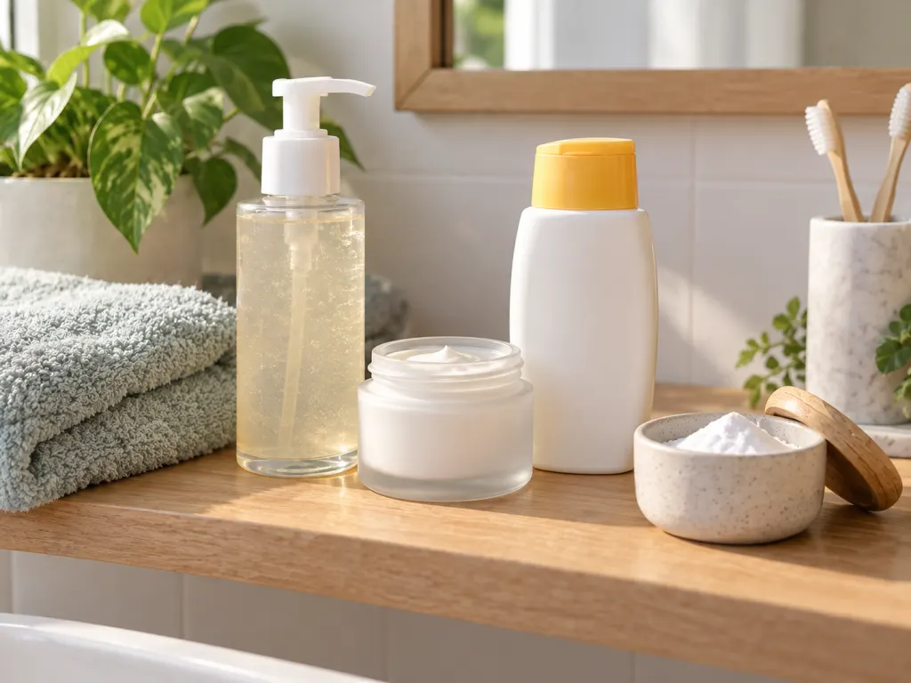 A bathroom shelf with cleanser, moisturizer, sunscreen, towel, and baking soda set aside.