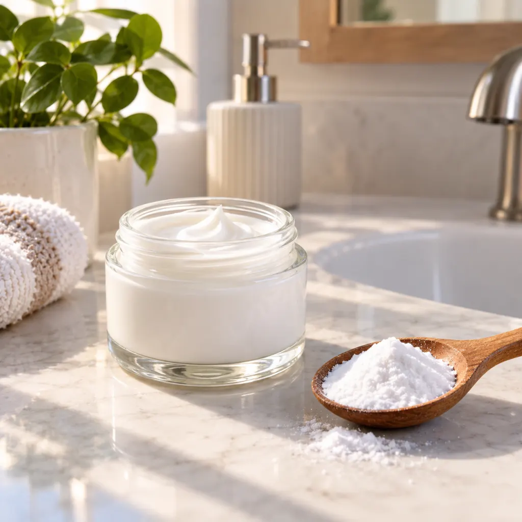 A jar of plain moisturizer and a small spoon of baking soda on a clean counter.