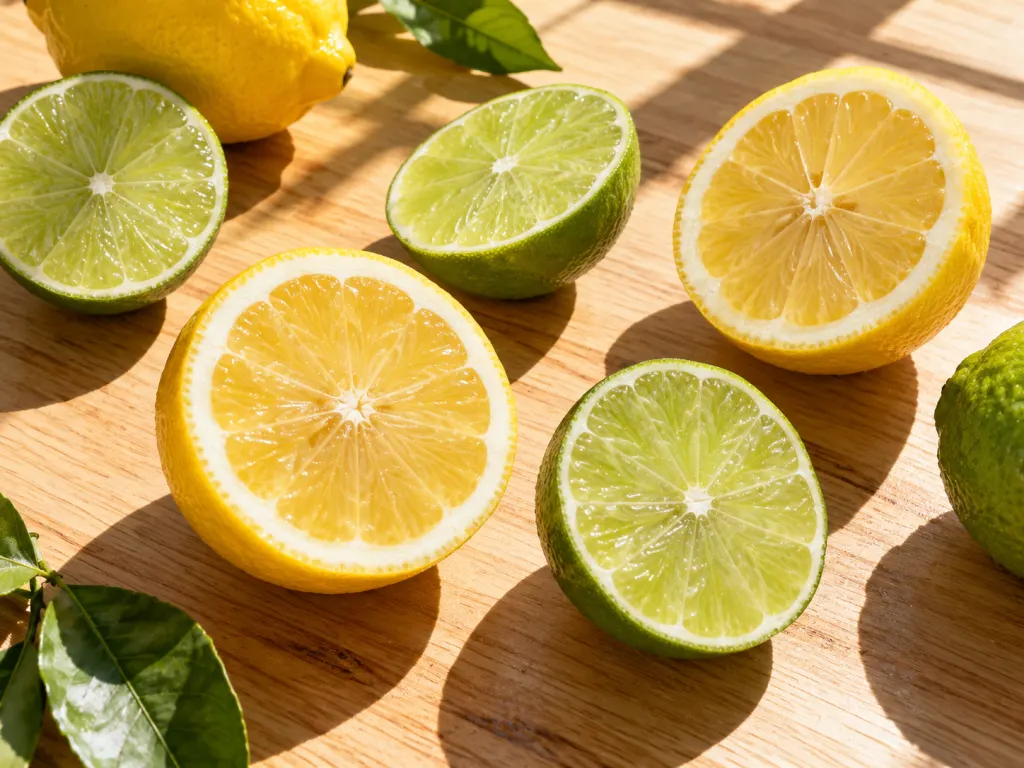 Sliced lemons and limes on a wooden surface in bright direct sunlight with sharp geometric shadows