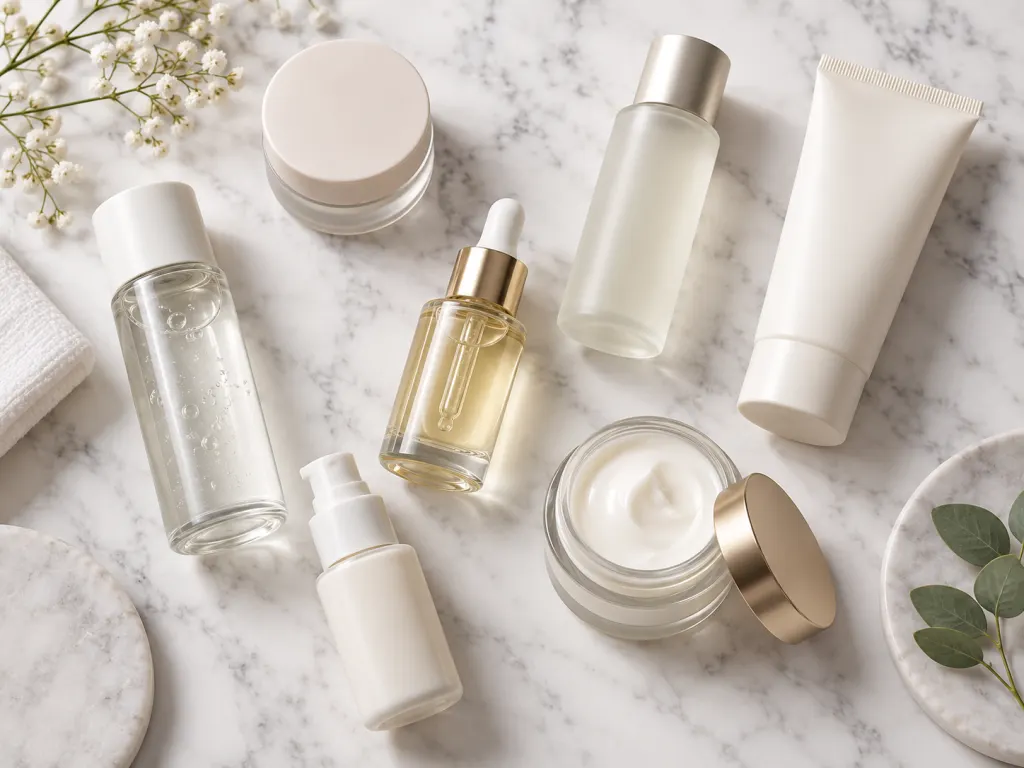 Flat-lay of skincare product bottles including a serum, cream, and sunscreen tube arranged on a white marble surface