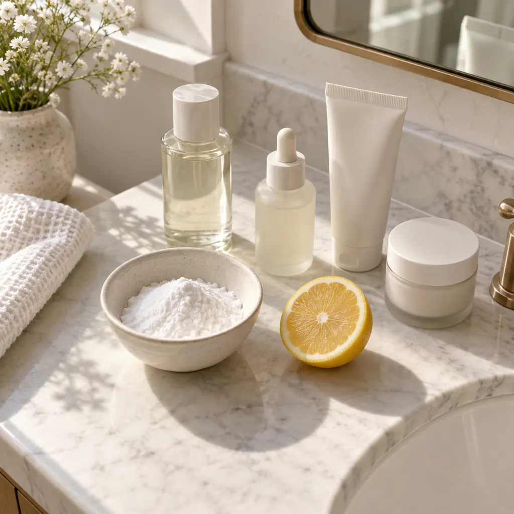 Overhead view of a bathroom counter with a bowl of baking soda, a halved lemon, and skincare bottles in natural light