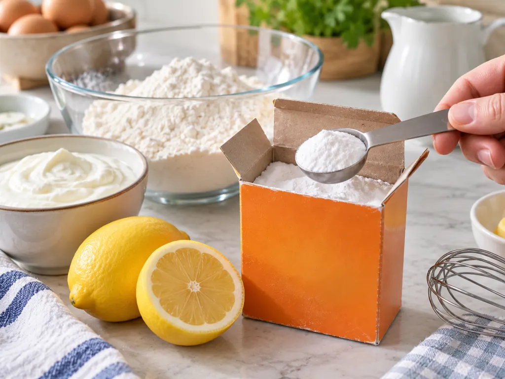 Measured baking soda beside flour, yogurt, and lemon ingredients for baking.