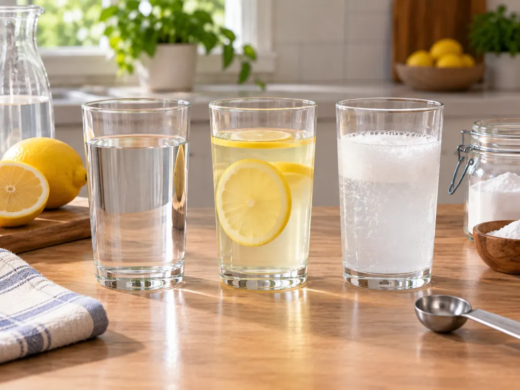 Three clear glasses with baking soda drink mixtures shown for comparison.