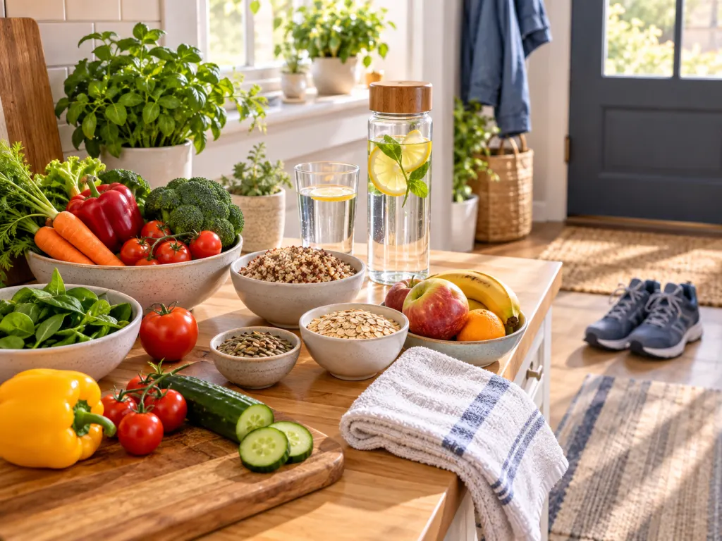 Kitchen prep items and walking shoes representing practical everyday wellness habits.