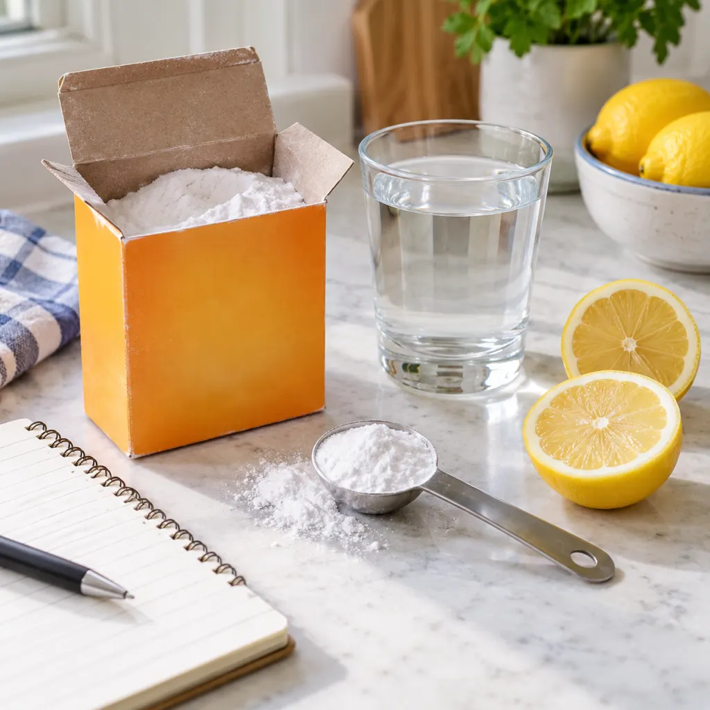 Baking soda, citrus, water, and a notepad arranged on a kitchen counter.