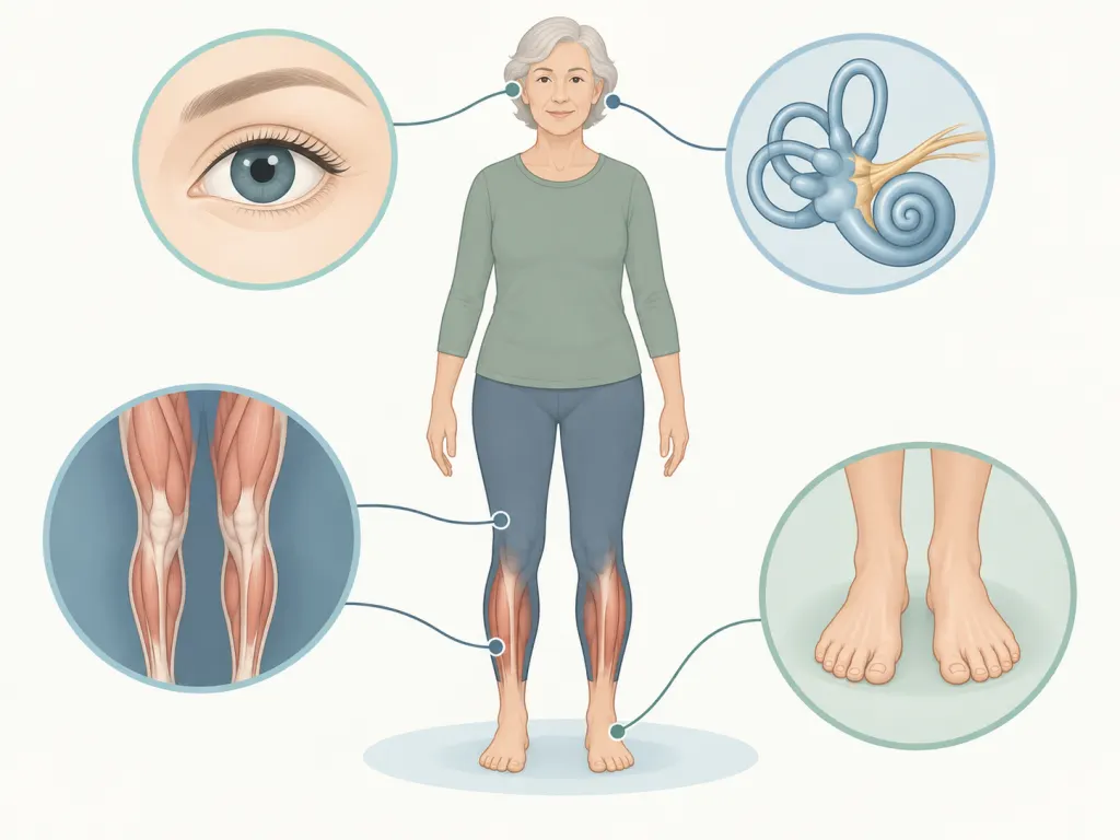 Educational illustration of eyes, inner ear, legs, and feet contributing to balance.