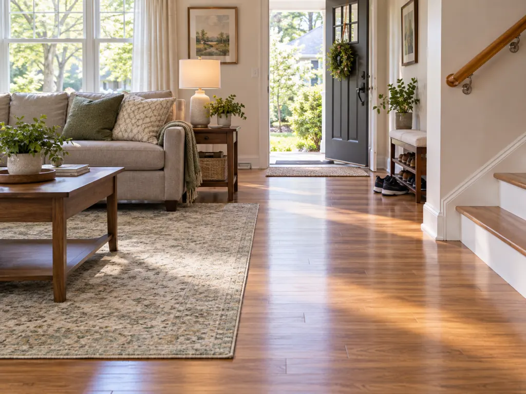 Clear living room walking path with good lighting, secured rug edges, and supportive shoes.