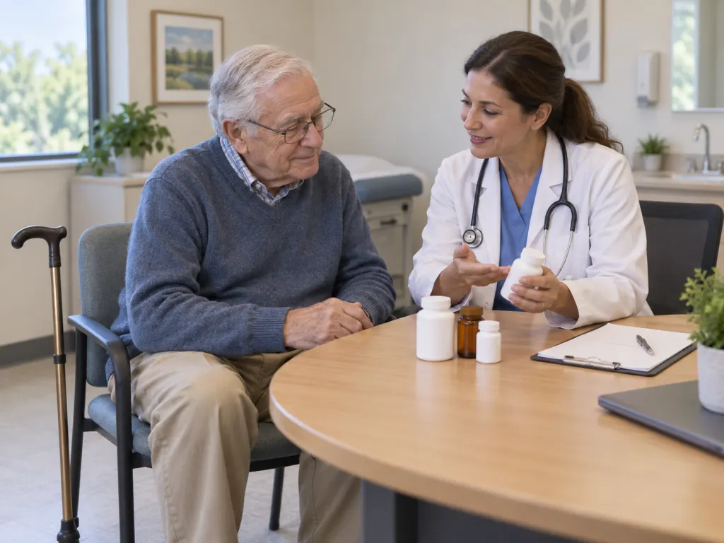 Older adult discussing medicines and cane fit with a healthcare professional.