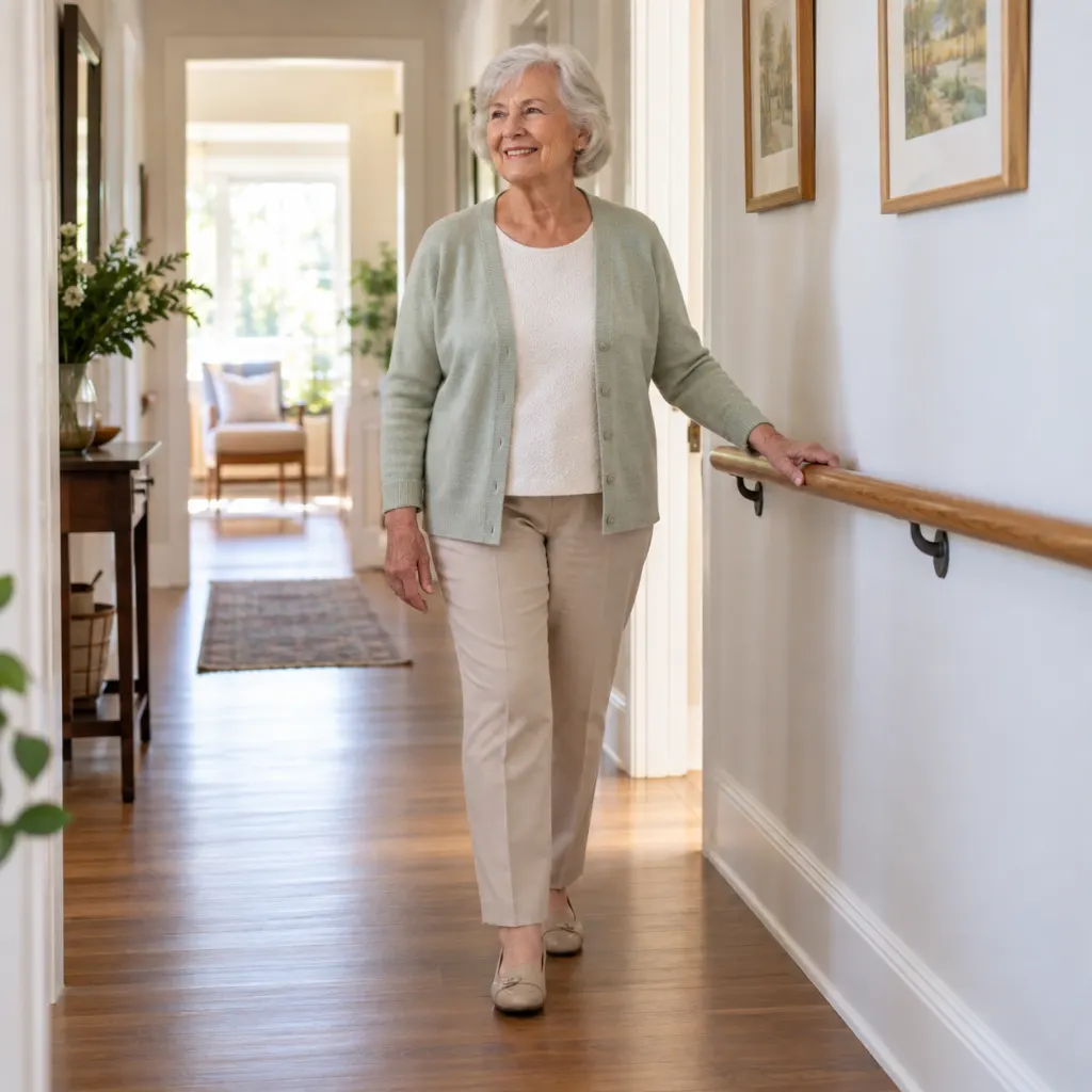 Older adult standing in a bright hallway with supportive shoes and a nearby handrail.
