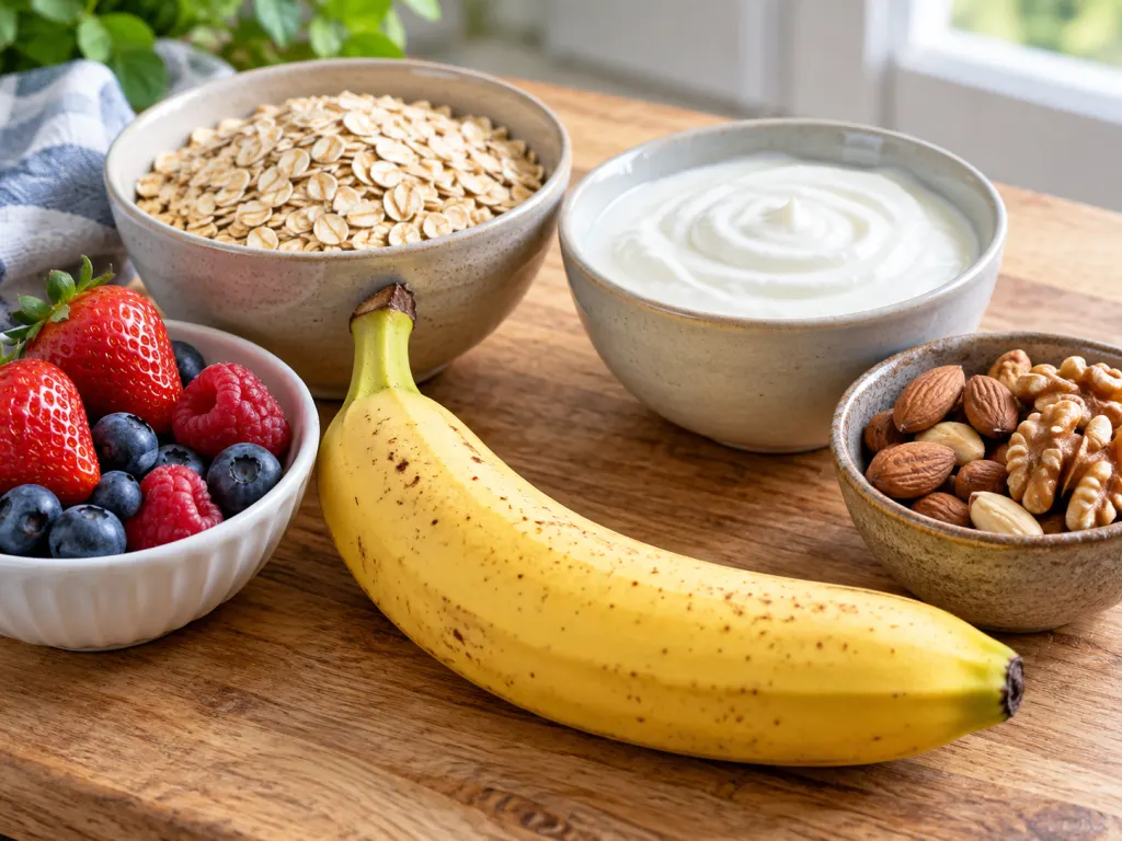 A banana displayed with oats, yogurt, nuts, and berries as balanced snack options.