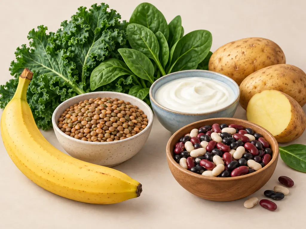 Illustrated potassium-containing foods including banana, beans, greens, potatoes, and yogurt.